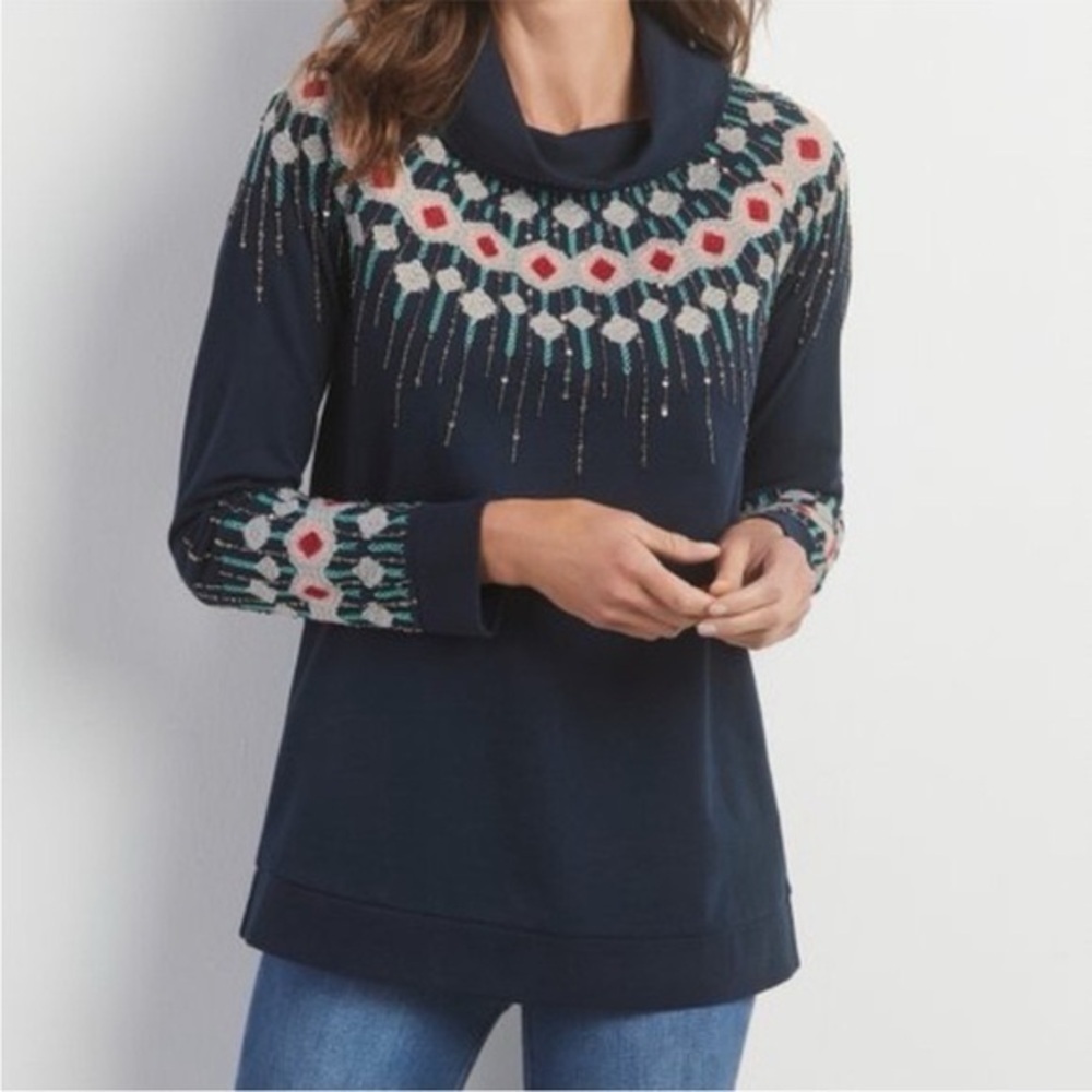 Soft Surroundings Dahlia Fair Isle Sweatshirt Tunic XS NWT Navy Blue Beaded
